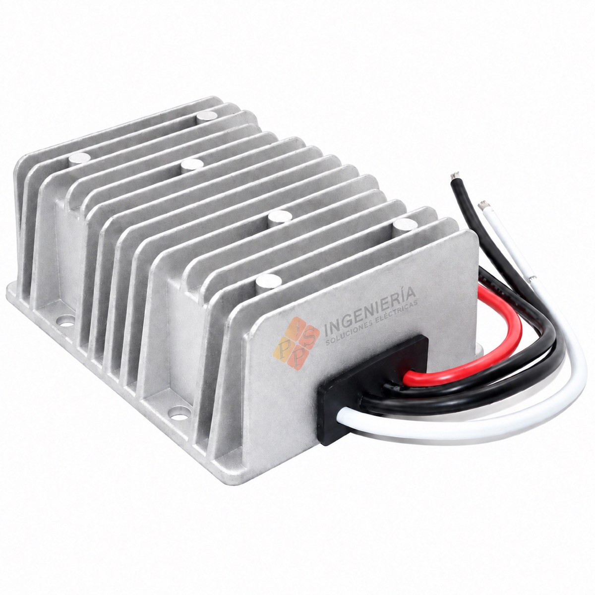 Conversor DC/DC 24–12 V 40 A — PPS Ingeniería Conversor de voltaje DC/DC de 24 a 12 V, 40 A, con carcasa de aluminio y cables de conexión — PPS Ingeniería