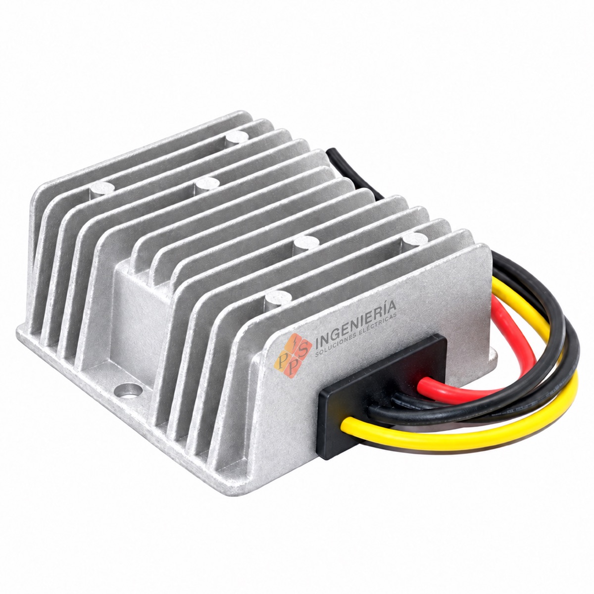 Elevador DC/DC 12–24 V 20 A — PPS Ingeniería Elevador de voltaje DC/DC de 12 a 24 V, 20 A, con carcasa de aluminio y cables de conexión — PPS Ingeniería